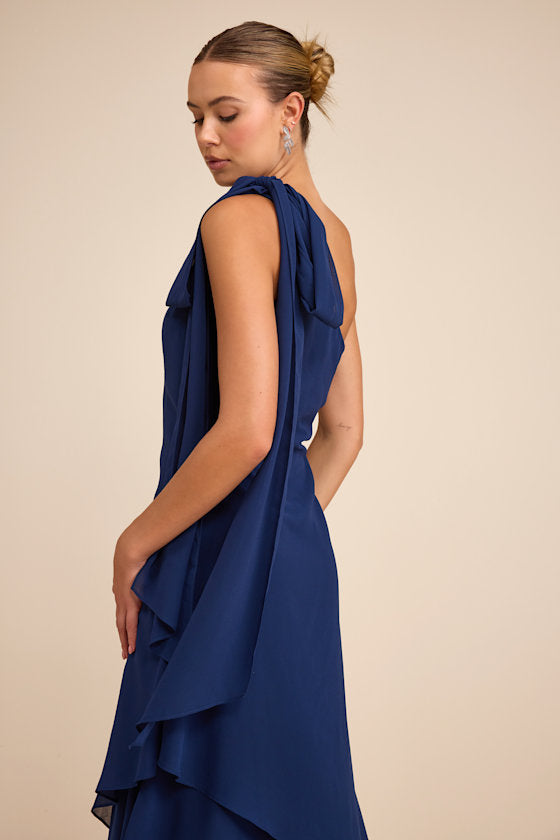Camellia Dark Blue One-Shoulder Bow Maxi Dress