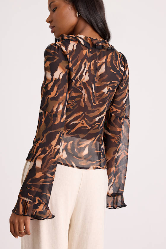 Aminata Black and Orange Animal Print Ruffled Top