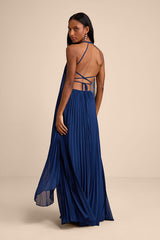 Dorala Dark Blue Pleated Lace-Up Tiered Maxi Dress