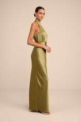 Sevinia Olive Green Satin Mock Neck Sleeveless Maxi Dress