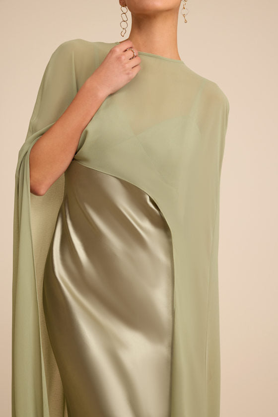 Cavana Sage Satin Cape Maxi Dress