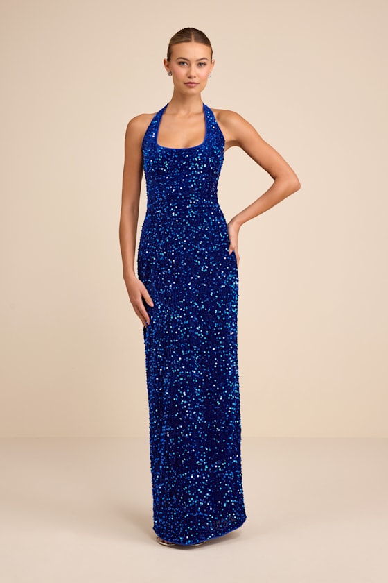 Xylana Royal Blue Velvet Sequin Halter Maxi Dress