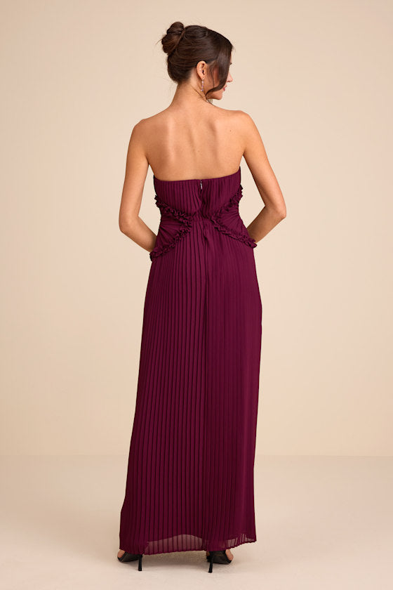 Lauren Plum Pleated Strapless Ruffled Maxi Dress