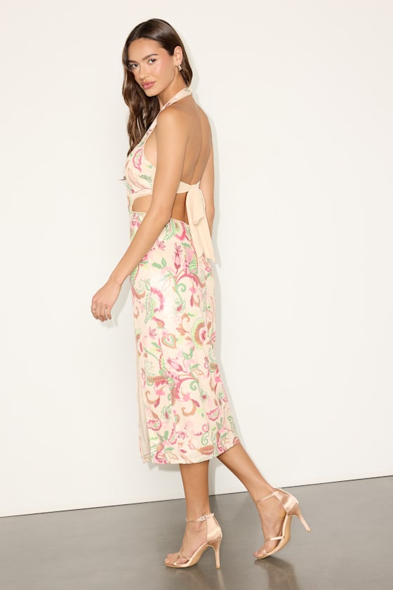 Denaris Cream Multi Floral Sequin Tie-Back Midi Dress