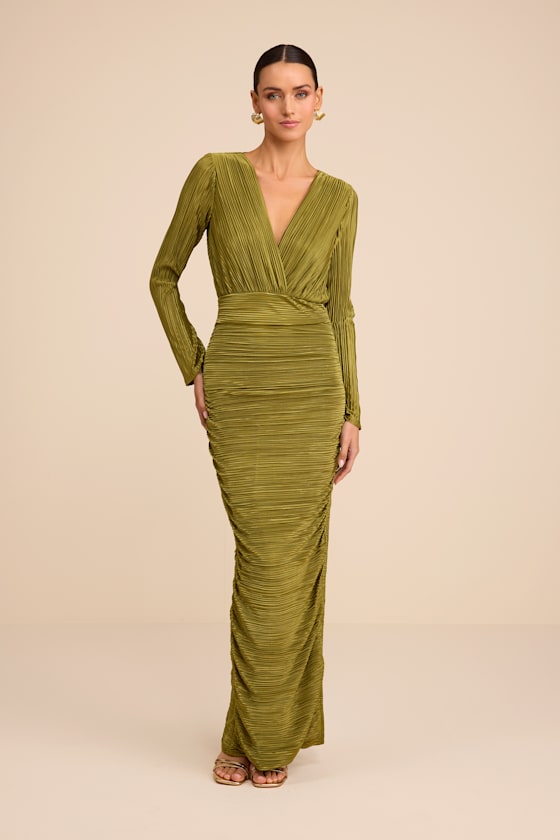 Seren Olive Green Plisse Surplice Maxi Dress