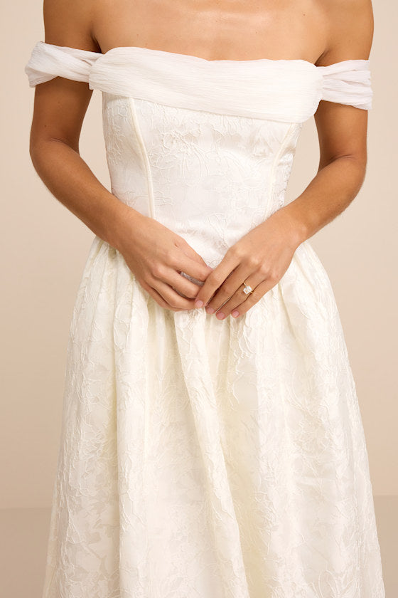 Everglow Ivory Jacquard Off-the-Shoulder Basque Waist Maxi Dress