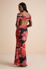 Dunia Black Floral Print Mesh Off-the-Shoulder Maxi Dress
