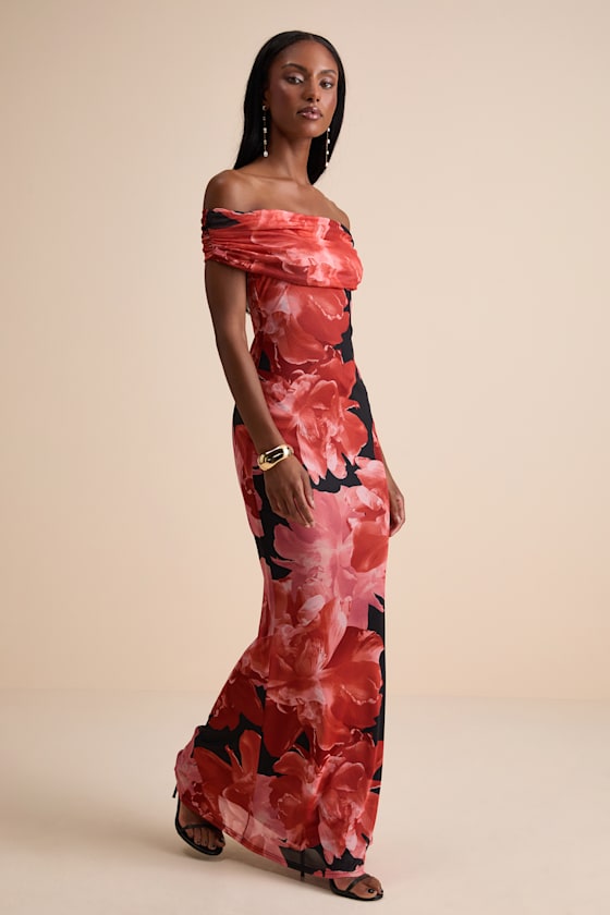 Dunia Black Floral Print Mesh Off-the-Shoulder Maxi Dress