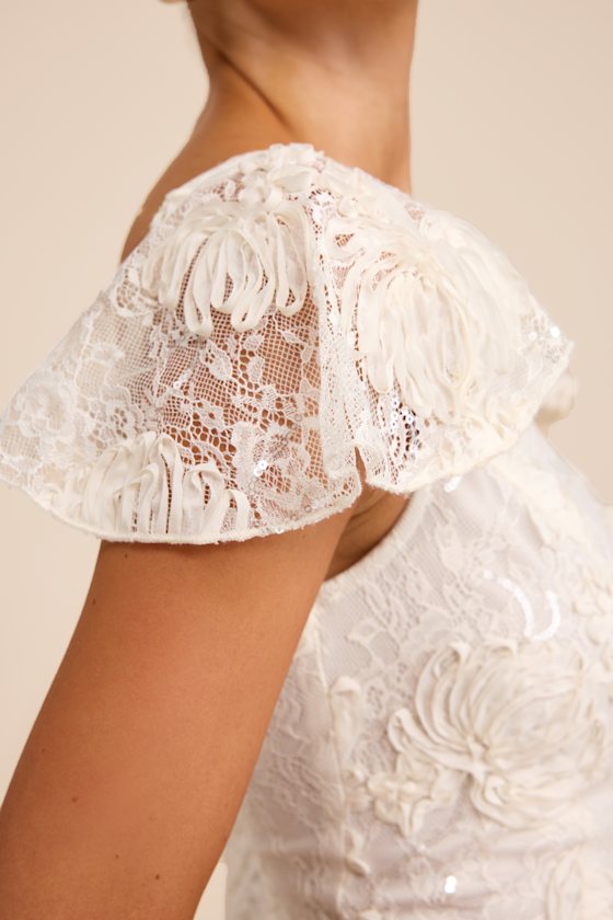 Kenna Ivory Lace Flutter Sleeve Midi Dress