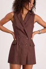 Paris Brown Linen Collared Romper