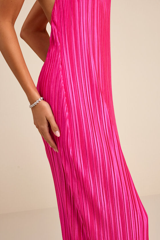 Gwenny Hot Pink Satin Plisse Maxi Dress