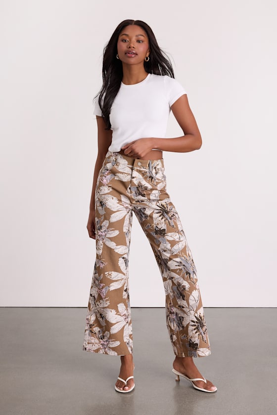 Venesse Light Brown Floral Twill Wide-Leg Pants