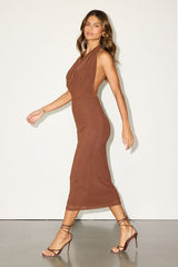Venus Brown Mesh Backless Midi Dress