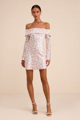Luxurious Vision White Floral Satin Off-the-Shoulder Mini Dress