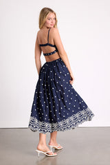 Kosi Navy Embroidered Backless Midi Dress