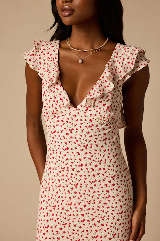 Primrose Cream Ditsy Floral Ruffled Midi Dress