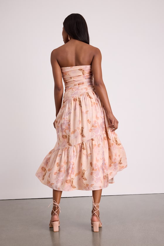 Kristella Blush Floral Strapless Tiered Midi Dress