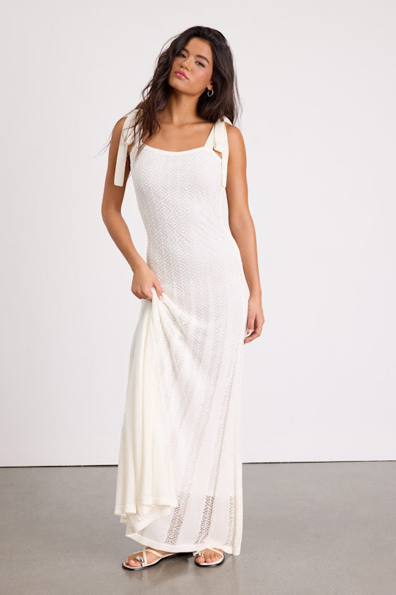 Fawn White Crochet Tie-Strap Maxi Dress