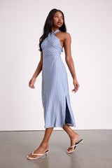 Gratiana Light Blue Striped Cross-Front Halter Midi Dress