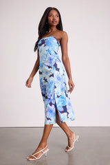 Bold Tendencies Blue Floral Strapless Cutout Midi Dress