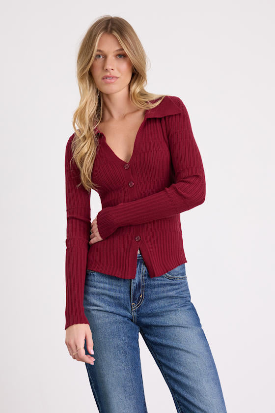 Ashley Wine Red Ribbed Collared Sweater Knit Top
