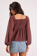 Lemmie Brown Chiffon Tie-Front Long Sleeve Top