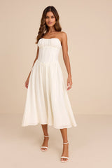 Aspen Ivory Plisse Strapless Bustier Midi Dress