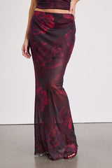Camella Dark Plum Floral Mesh Maxi Skirt