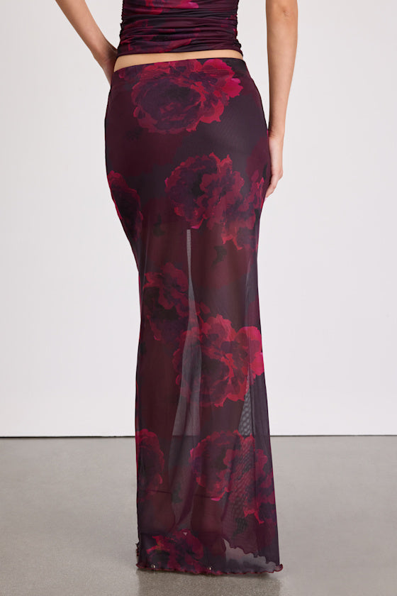Camella Dark Plum Floral Mesh Maxi Skirt