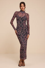Milla Black and Purple Boho Floral Mesh Mock Neck Maxi Dress