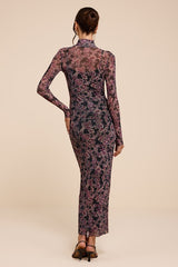 Milla Black and Purple Boho Floral Mesh Mock Neck Maxi Dress
