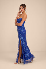 Confident Sensation Cobalt Sequin Strapless Bustier Maxi Dress