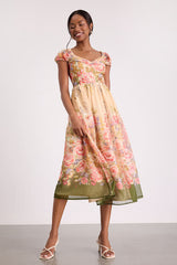 Celosia Peach Multi Floral Cap Sleeve Midi Dress