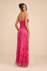Confident Sensation Hot Pink Sequin Strapless Bustier Maxi Dress