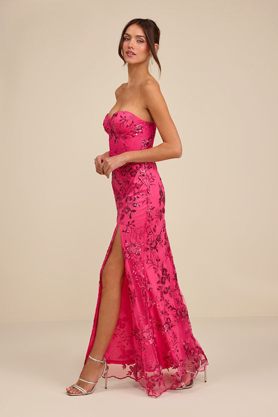 Confident Sensation Hot Pink Sequin Strapless Bustier Maxi Dress