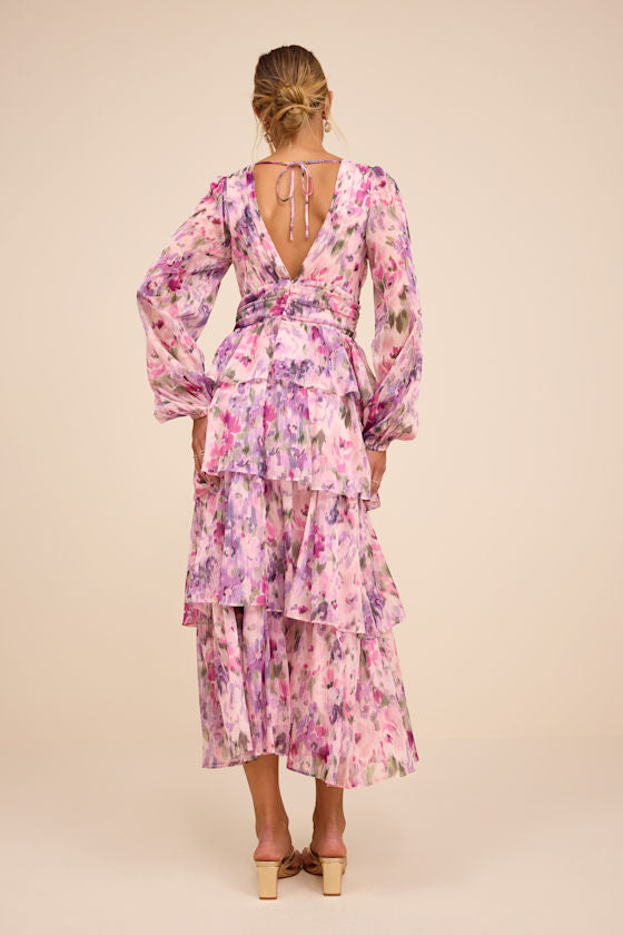 Macy Blush Multi Floral Tiered Midi Dress