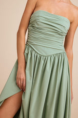 Marilou Sage Green Strapless Ruched Lace-Up Maxi Dress