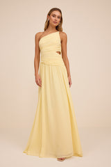 Marcela Pale Yellow Ruched One-Shoulder Maxi Dress
