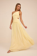 Marcela Pale Yellow Ruched One-Shoulder Maxi Dress