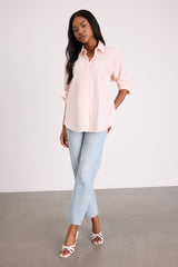 Logan Ivory and Pink Striped Cutout Button-Up Long Sleeve Top