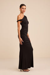 Oriella Black Asymmetrical Ruched Mermaid Maxi Dress