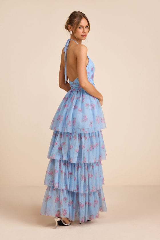 Charmian Light Blue Floral Tulle Tiered Maxi Dress