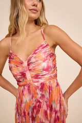 Dreaming in Color Pink Abstract V-Neck Pleated Satin Maxi Dress