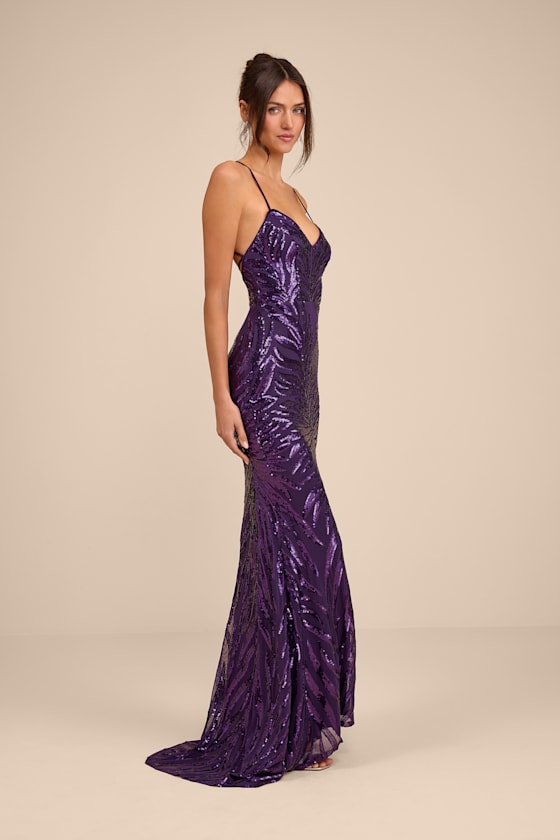 Sparkle 'til Dawn Dark Purple Sequin Lace-Up Mermaid Maxi Dress