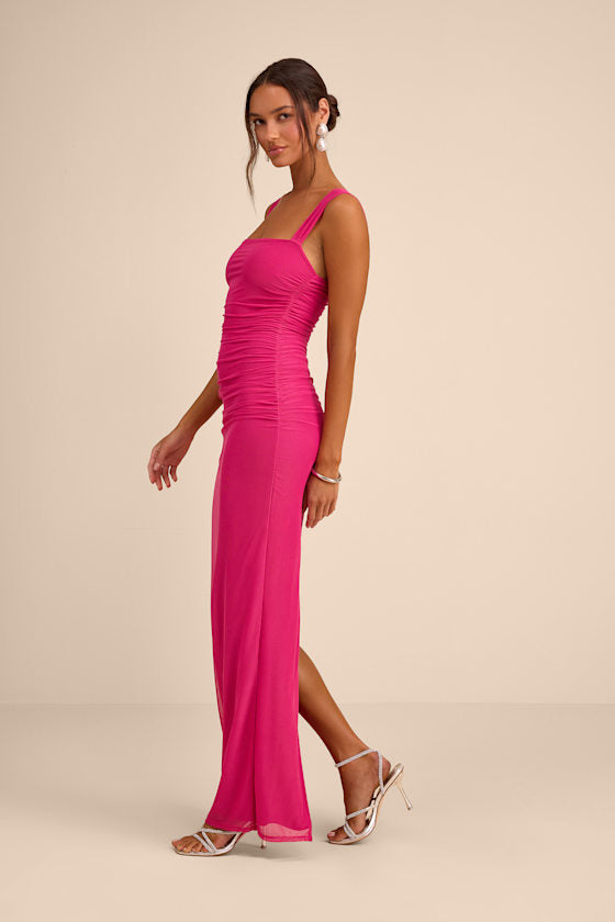 Amazing Presence Fuchsia Mesh Ruched Column Maxi Dress