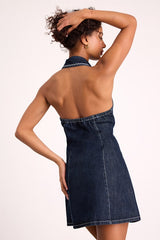 Rani Dark Wash Denim Embroidered Halter Mini Dress