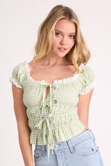 Tira Light Green and White Gingham Tie-Front Top