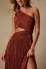 Rocca Rust Plisse Pleated Cutout One-Shoulder Maxi Dress