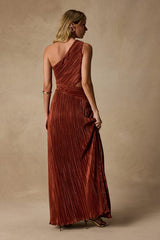 Rocca Rust Plisse Pleated Cutout One-Shoulder Maxi Dress