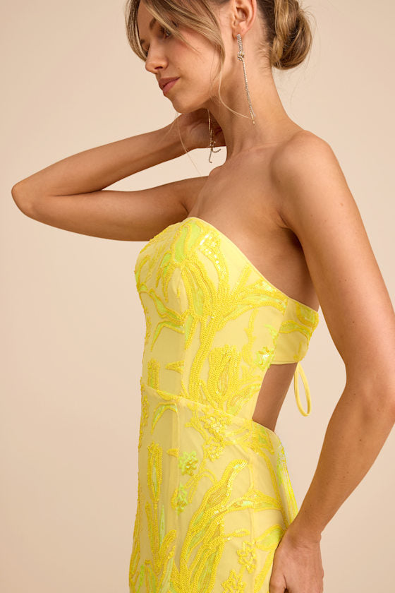 Shimmering Icon Yellow Sequin Lace-Up Strapless Maxi Dress